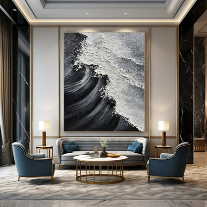 Hand-Painted Black & White Textured Wave Abstract, Acrylic Modern Art Painting DPS506