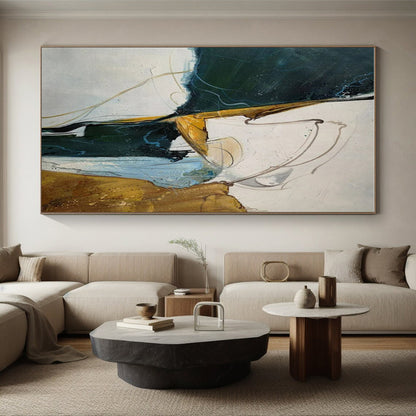 Handmade Art Green, Gold, and White Dynamic Abstract Art PT810