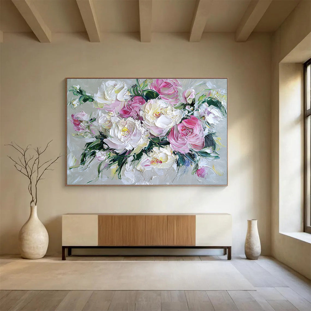 Hand-Painted Pink and White Peony Floral Textured Oil Painting HPS321