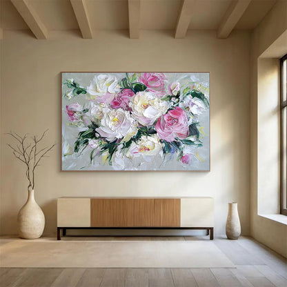 Hand-Painted Pink and White Peony Floral Textured Oil Painting HPS321