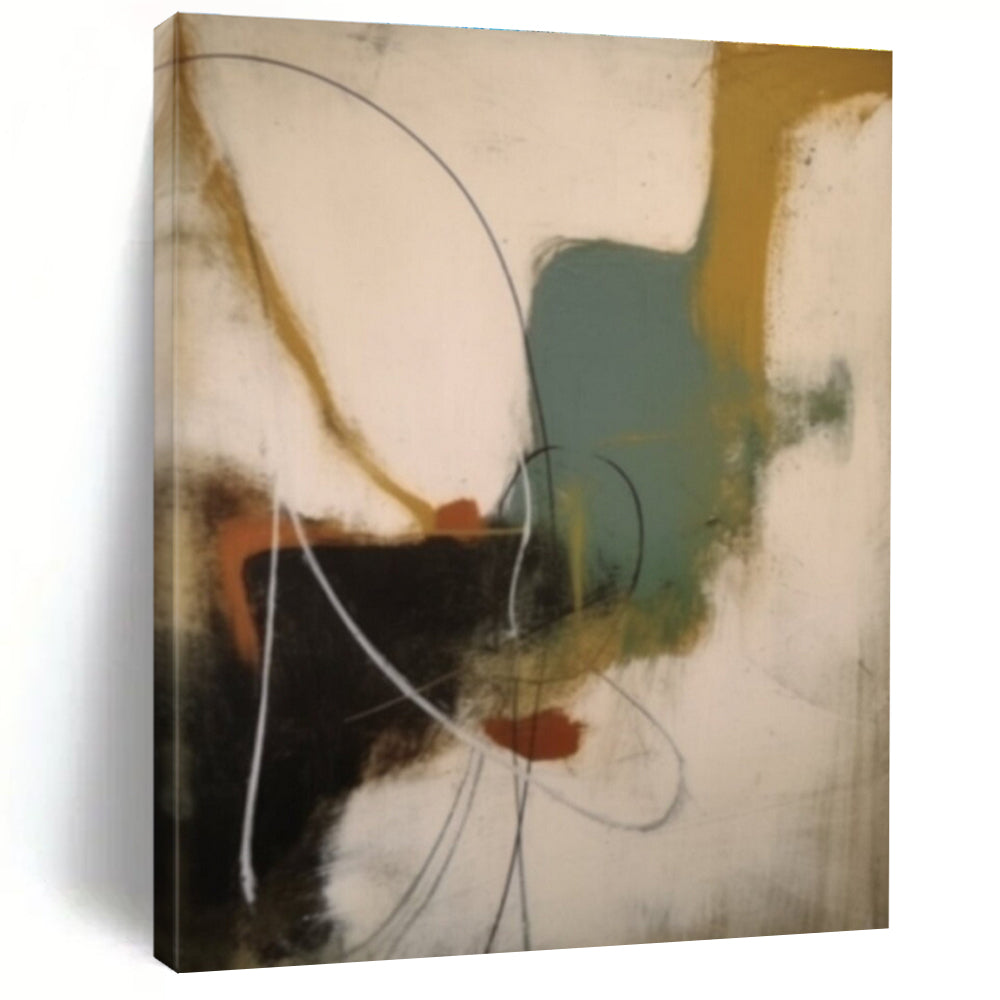 Unique Abstract Art in Black, White, Brown, Teal, and Orange Abstract Shapes and Lines Painting PT266