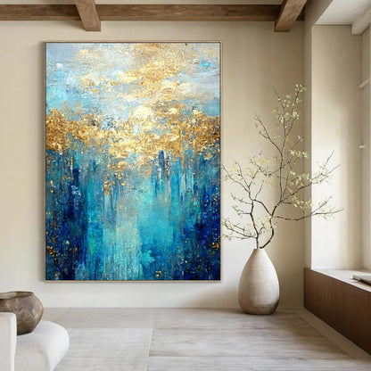 Oversized Abstract Wall Art Blue, Teal, and Gold Abstract Landscape Painting DPS444
