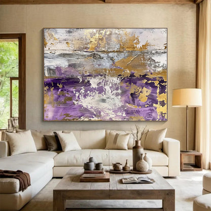 Unique Abstract Art in Purple, Gold, Grey, and White Textural Abstract Art PT234