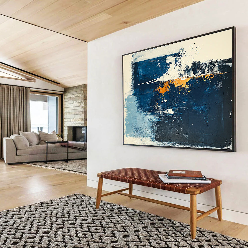 Large Painting In Living Room Blue, Orange, and White Abstract Expressionist Art HPS325