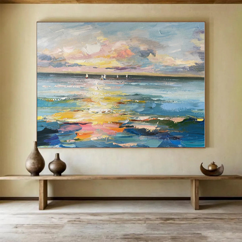 Oversized Abstract Wall Art Colorful Sunset & Sailboats On Sea Abstract On Canvas HPS040