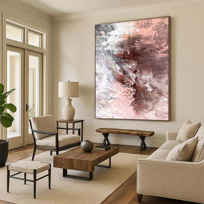 Large Size Abstract Art in Brown, Pink, and Gray, Hand Painted Modern Piece PT287