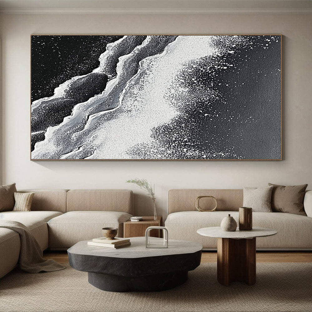 Wall Decor Abstract Paintings Large, Black White Abstract Textured Wave Art PT176
