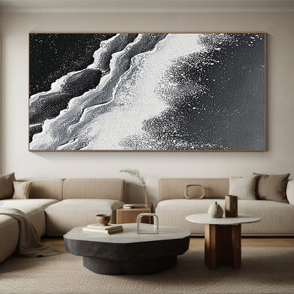 Wall Decor Abstract Paintings Large, Black White Abstract Textured Wave Art PT176
