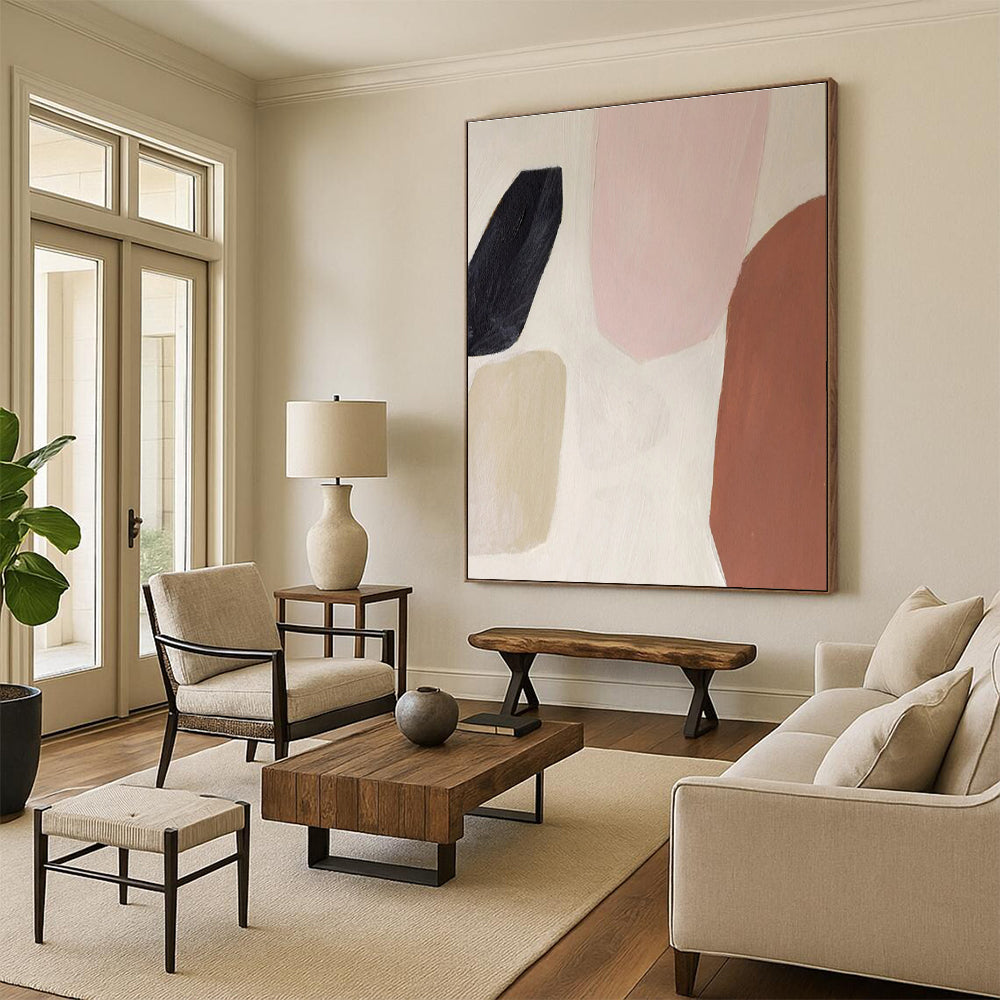 Handmade Art Pink, Beige, Brown and Black Abstract Shapes, Paintings For House PT548