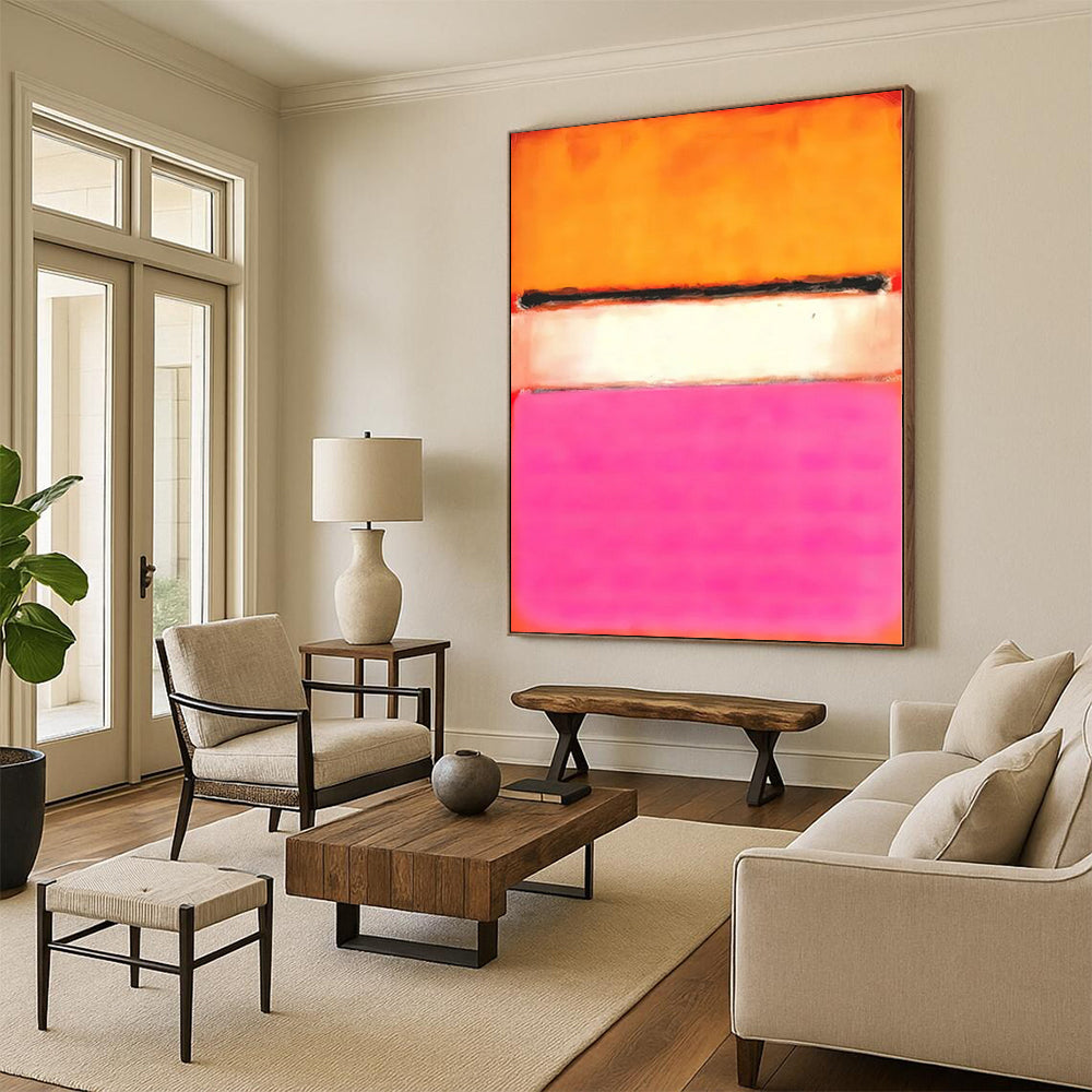 Hand Painted Art Orange, White & Pink Color Field Abstract Painting On Canvas PT103