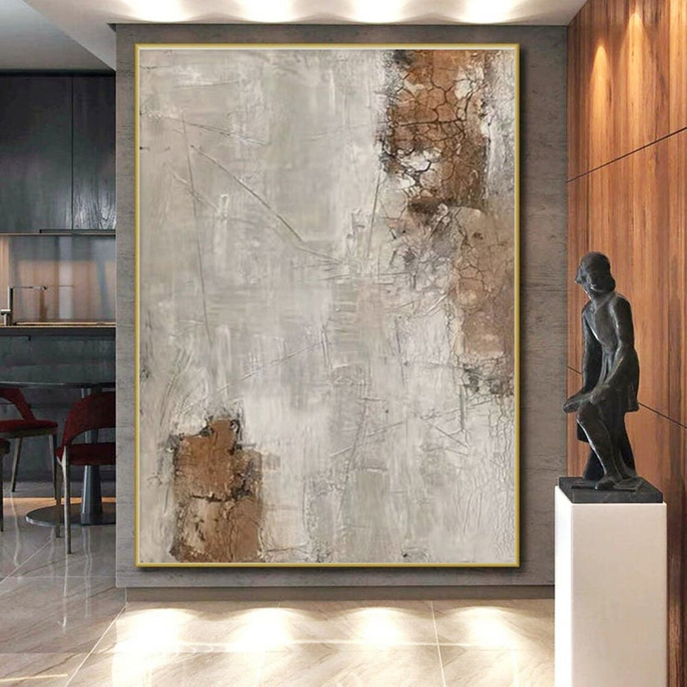 Hand Painted Art Beige, Gray, and Brown Cracked Abstract Piece, Acrylic Modern Art PT305