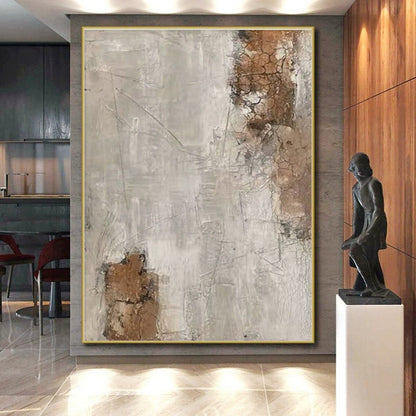 Hand Painted Art Beige, Gray, and Brown Cracked Abstract Piece, Acrylic Modern Art PT305