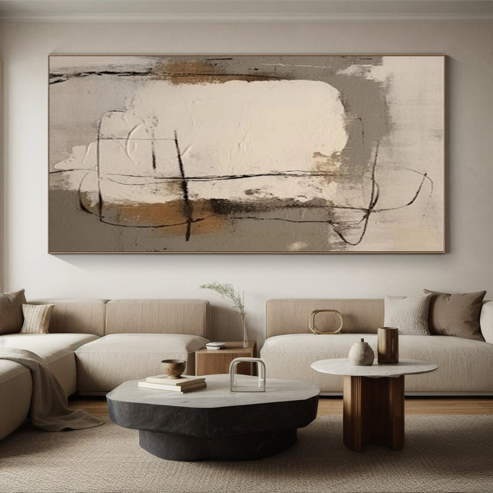 Modern Art Acrylic Gray Beige Black Line Abstract Art for House PT484