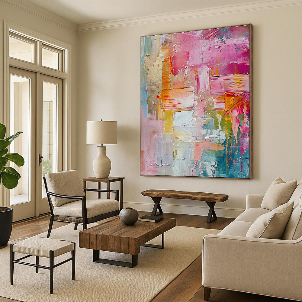 Large Painting In Living Room with Pink, Orange, Yellow, and Blue Abstract Impasto, Acrylic Modern Art PT298