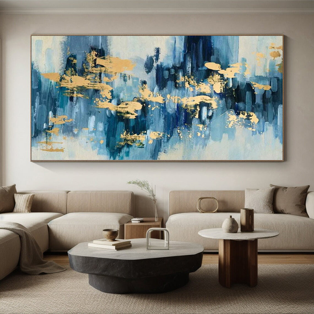 Hand-Painted Blue and Gold Abstract Painting with Brush Strokes, Acrylic Modern Art PT001