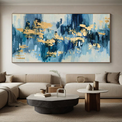 Hand-Painted Blue and Gold Abstract Painting with Brush Strokes, Acrylic Modern Art PT001