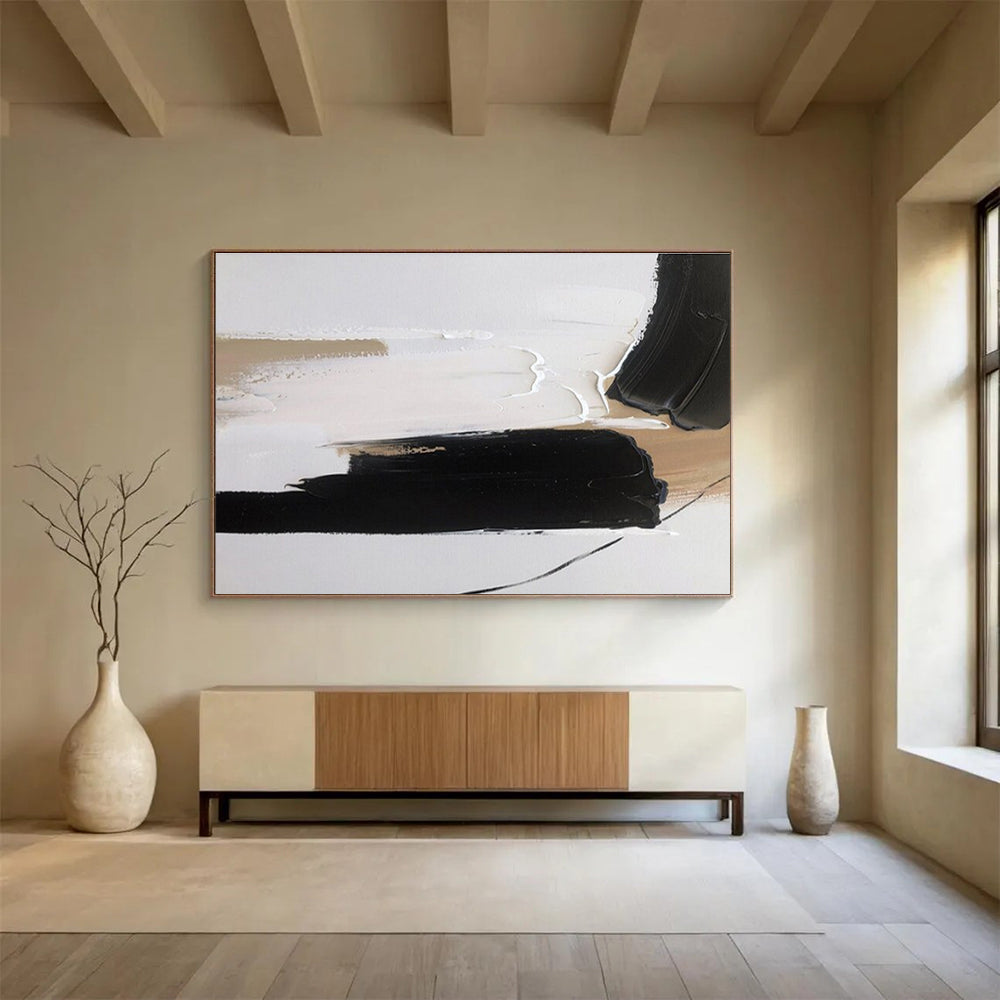 Large Painting In Living Room Black, White, and Beige Abstract Minimalist Art HPS355