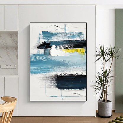 Cool Abstract Paintings - Blue, Black, White & Yellow Textured Abstract Art PT586