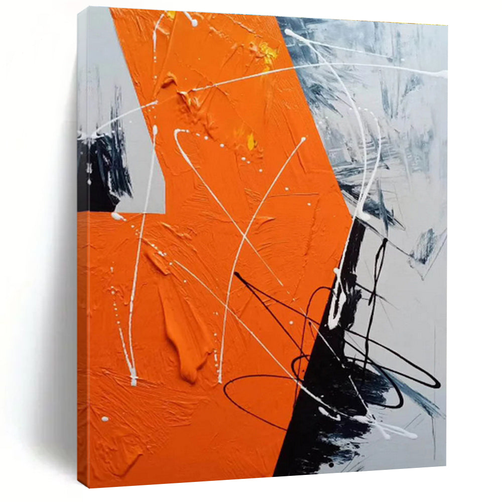 Large Painting In Living Room Orange Black White Textured Abstract Art PT409