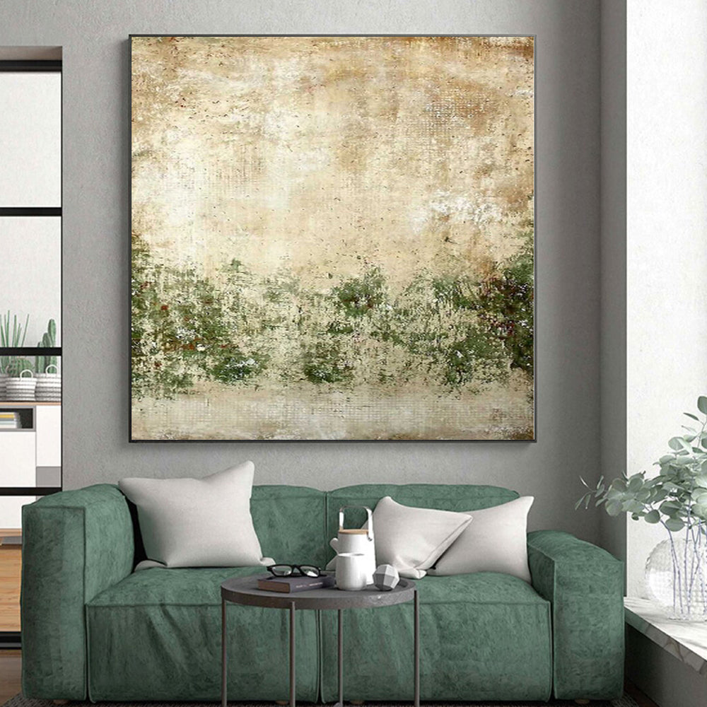 Hand Painted Art Beige & Green Textured Abstract Painting On Canvas PT073
