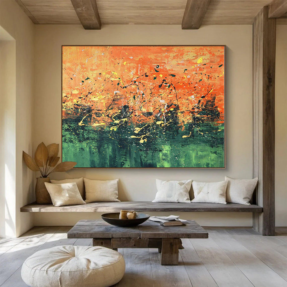 Unique Abstract Art Orange & Green Splatter Abstract On Canvas HPS053