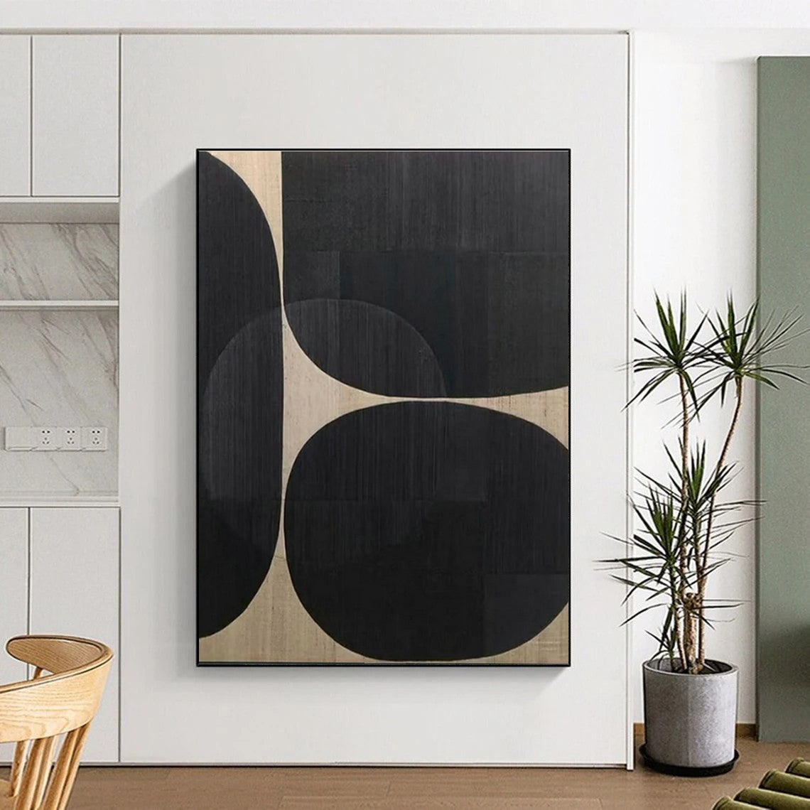 Big Painting Black and Beige Circular Abstraction, Large Size Modern Art Acrylic PT515