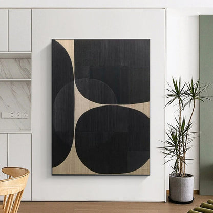 Big Painting Black and Beige Circular Abstraction, Large Size Modern Art Acrylic PT515