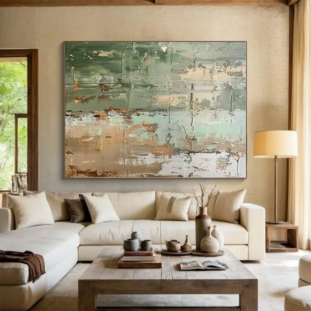 Handmade Art - Green, Beige & Gray Textured Abstract Art with Layered Details PT595