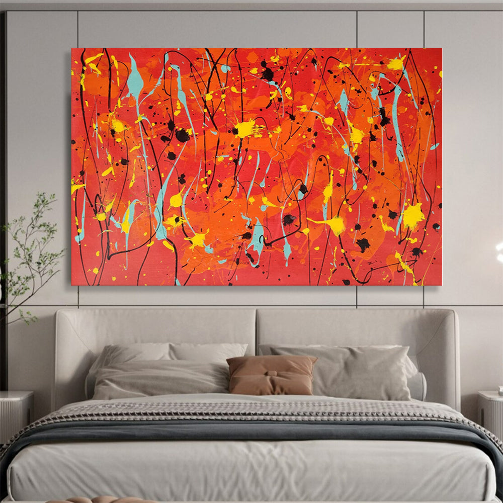 Hand Painted Art Vibrant Red, Orange, Yellow & Teal Splatter Abstract Painting On Canvas HPS075
