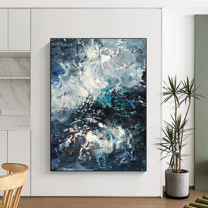 Oversized Abstract Wall Art Blue, White, and Teal Textured Sea Abstract Art PT756