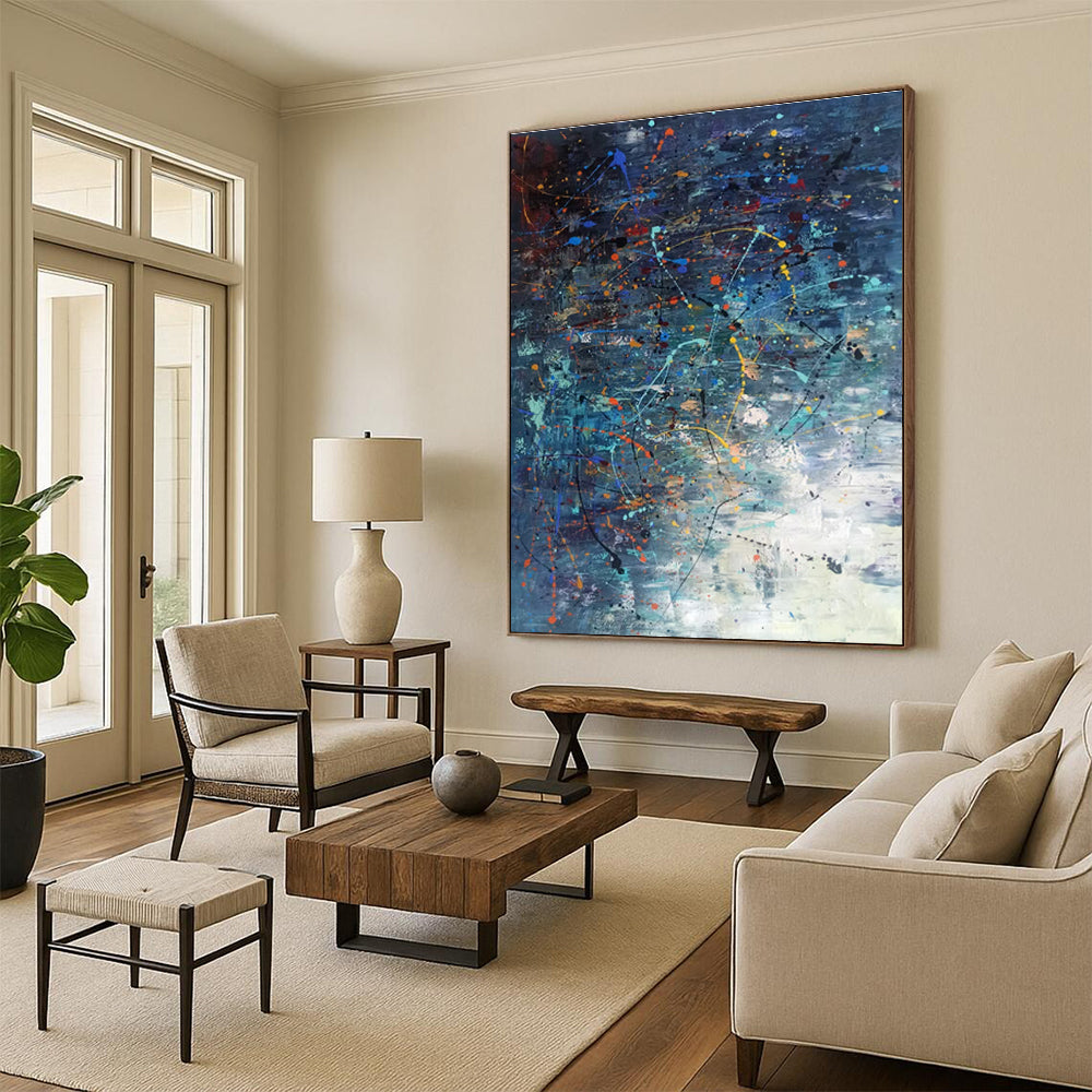 Acrylic Modern Art Paintings in Navy, Teal, Orange, Yellow, and Pink Abstract Splatters and Lines PT243