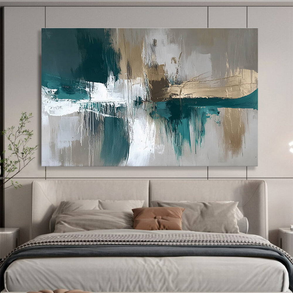 Modern Art Acrylic Teal, Gold, Gray & White Textured Abstract Painting HPS299