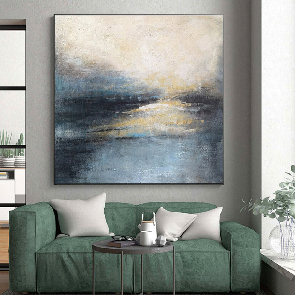 Modern Art Acrylic Blue, Gray, and Beige Textured Landscape Abstract Art PT707