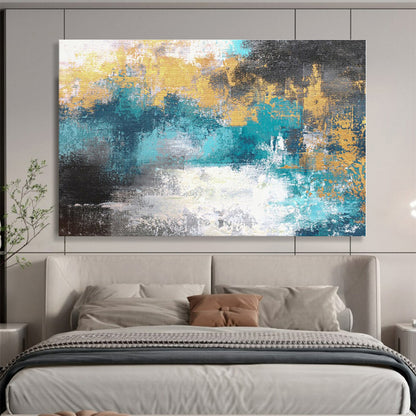 Large Size Teal & Gold Abstract Modern Art Acrylic On Canvas HPS004