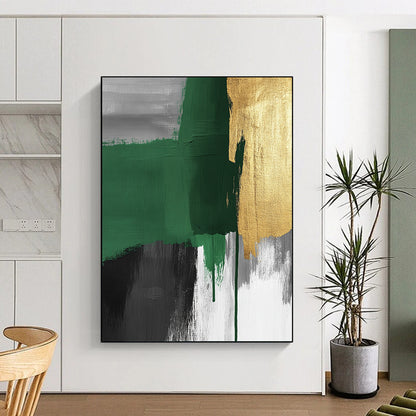 Original Large Abstract Paintings For Sale With Green, Gold, Gray, Black Textured Brushstrokes On Canvas PT197