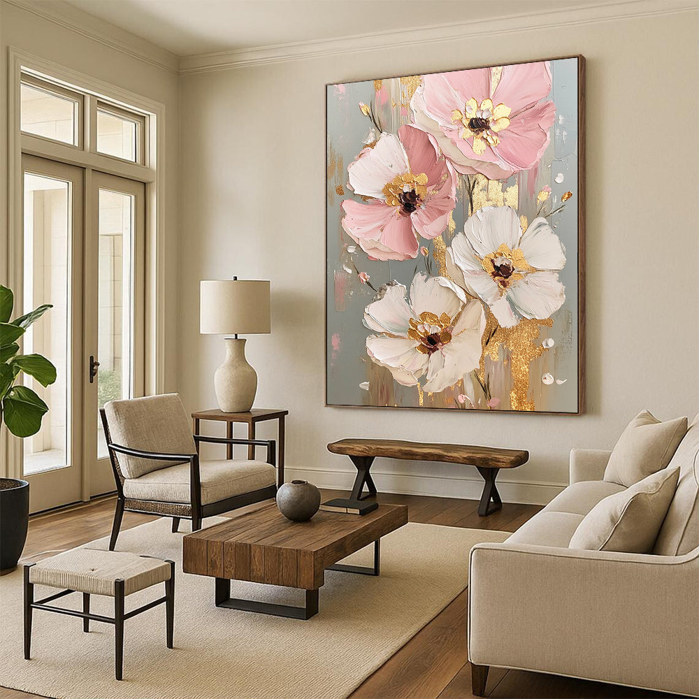 Hand Painted Art Pink, White, and Gold Floral Abstract Flower Painting DPS437