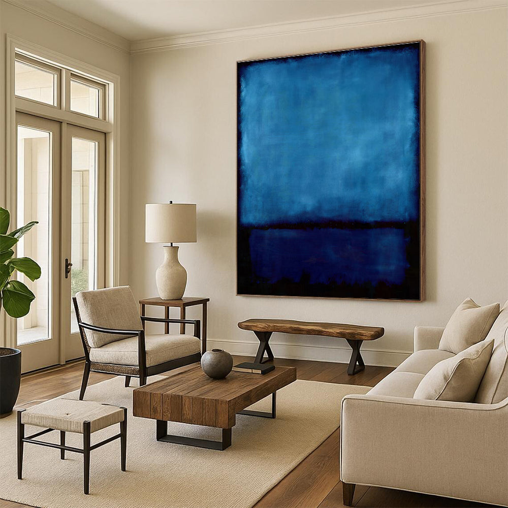 Hand-Painted Deep Blue & Black Abstract Color Block, Modern Art Acrylic DPS496