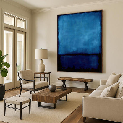 Hand-Painted Deep Blue & Black Abstract Color Block, Modern Art Acrylic DPS496