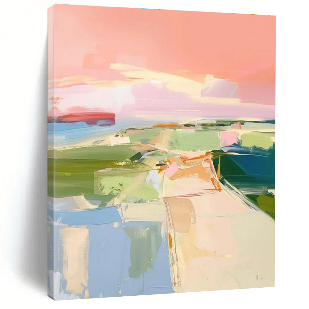 Acrylic Modern Art Paintings - Pastel Pink, Green & Blue Abstract Landscape-Inspired Art PT562