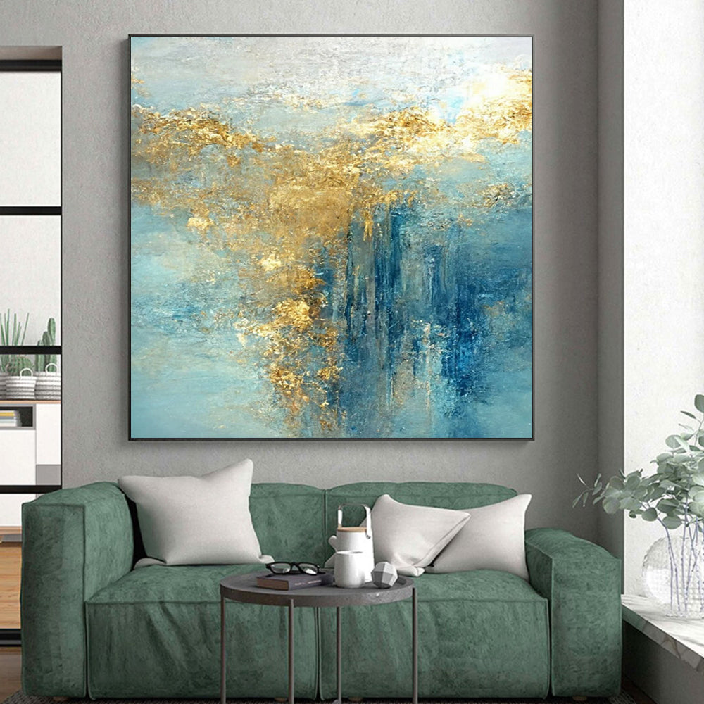 Large Size Blue and Gold Abstract Art with Flowing Textures PT227