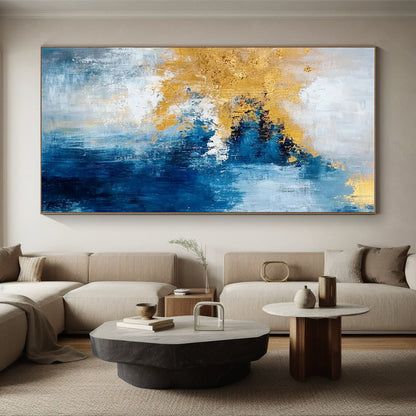 48x60 Blue, White, and Gold Abstract Art with Textural Layers PT226
