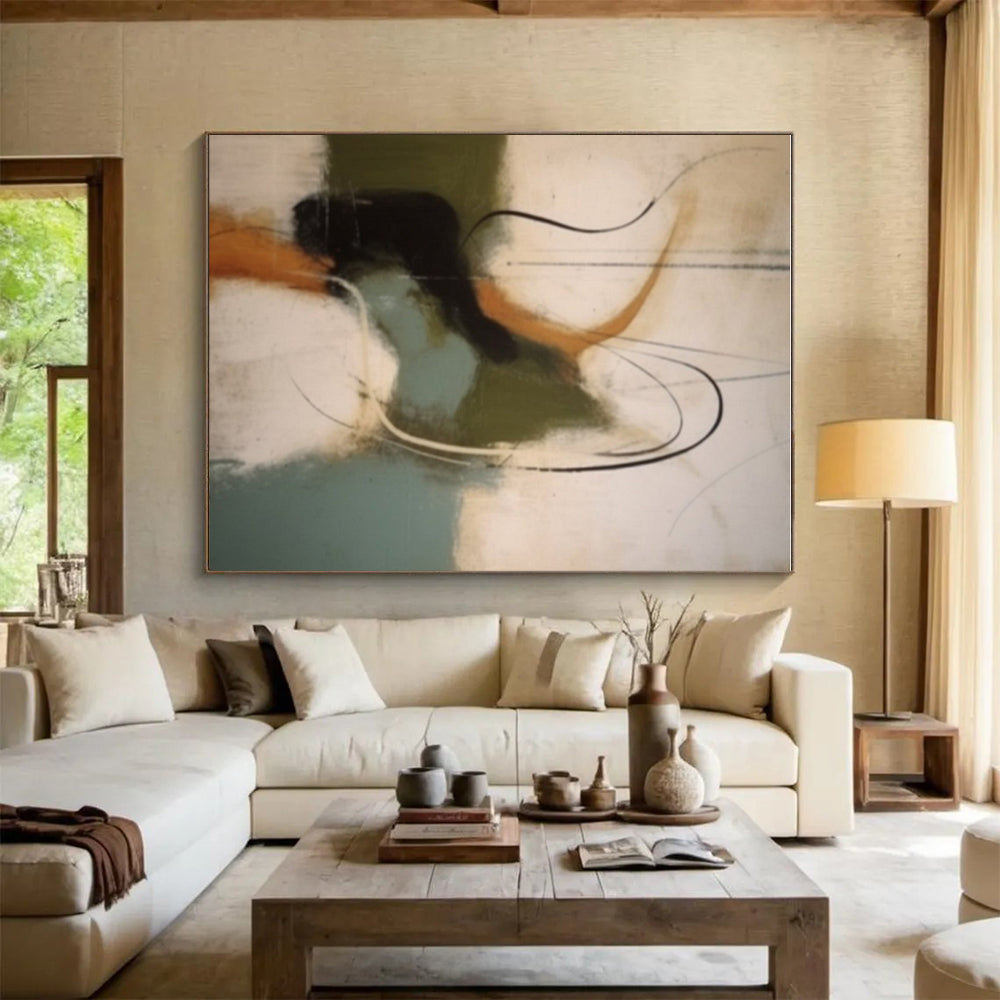 Modern Art Acrylic in Black, White, Brown, Green, and Teal Abstract Movement Shapes Painting PT267