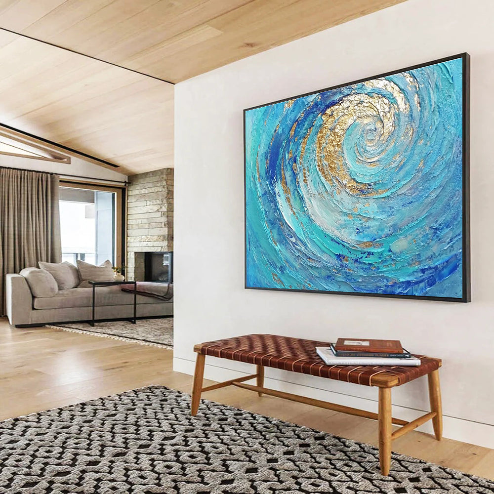 Hand Painted Art Turquoise, Blue & Gold Textured Spiral Abstract Painting HPS257