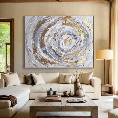 Oversized Abstract Wall Art Gray, White & Gold Textured Swirl Abstract Painting On Canvas PT058