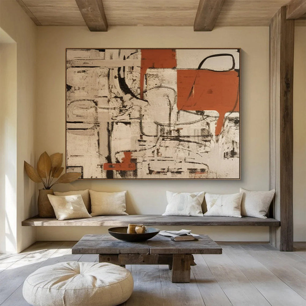 Large Size Orange, Black & Beige Abstract Geometric Art HPS212
