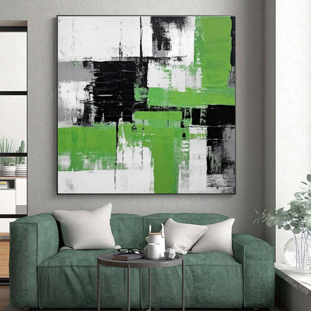 Cool Abstract Paintings Green, Black, White, and Gray Geometric Abstract Art PT796