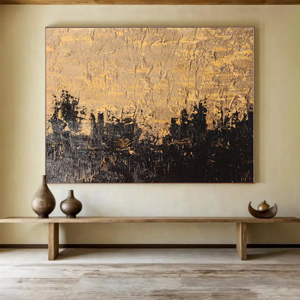 Handmade Art Gold & Black Textured Cityscape Abstract On Canvas HPS017