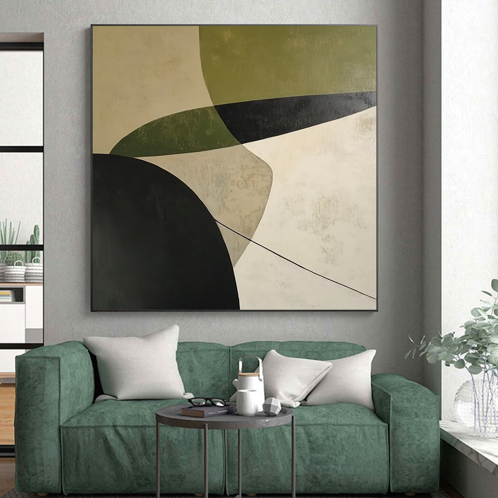 Affordable Large Abstract Wall Art With Green, Black, Beige Geometric Forms On Canvas PT188