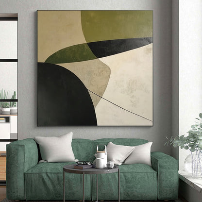 Affordable Large Abstract Wall Art With Green, Black, Beige Geometric Forms On Canvas PT188