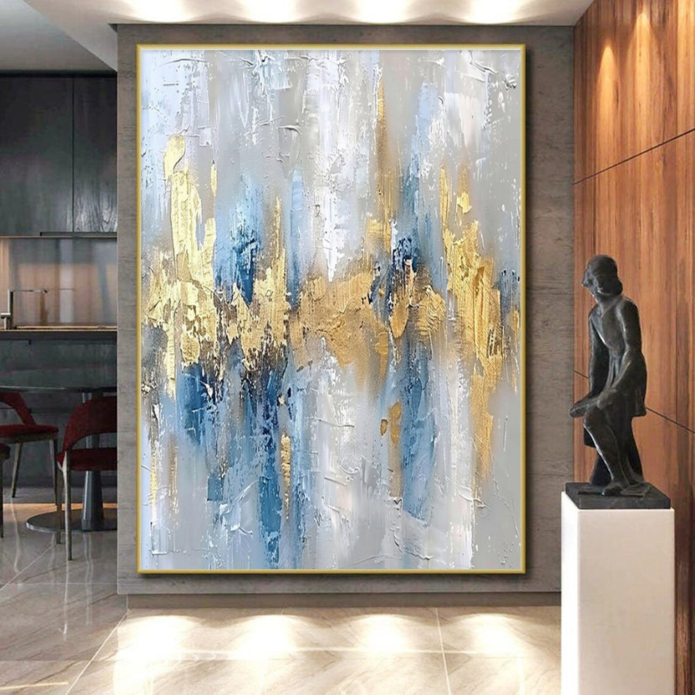 Unique Abstract Art Blue, Gold, and Gray Textured Abstract Art PT655